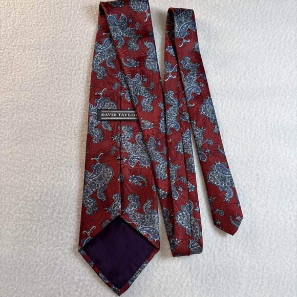 David Taylor Tie Necktie 58" x 4" Maroon Base With Blue Grey Paisley - Picture 3 of 8